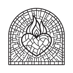 Obraz premium Stained Glass Heart with Mosaic Flame in Arc Window Design Illustration