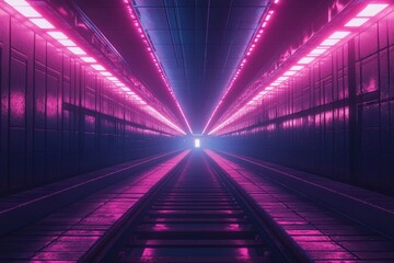 Empty metro tunnel with glowing tracks