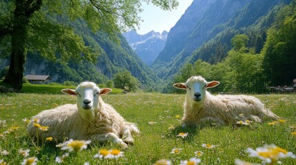 Naklejka premium Two Sheep Relaxing in a Mountain Meadow on a Sunny Day