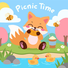 Cute Fox Enjoying a Picnic by the River. Adorable Fox Having a Fun Outdoor Lunch.