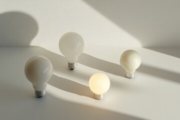 Three off-white light bulbs and one glowing bulb on a white surface, casting shadows.