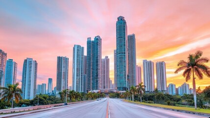 Fototapeta premium Stunning Cityscape at Sunset with Skyscrapers and a Tranquil Road Surrounded by Palm Trees in Urban Landscape