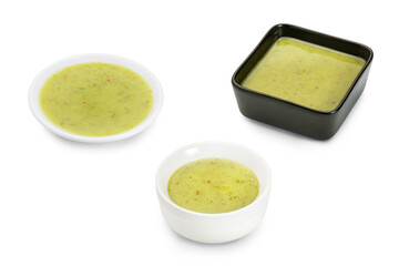 Thai spicy seafood dipping sauce in various cups isolated on white background. Clipping path.