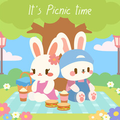 Cute Bunny Couple Enjoying a Picnic Under a Tree.