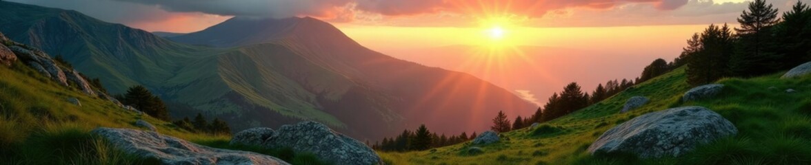 Obraz premium Lush greenery and granite rock formations at sunrise, nature, mountain
