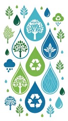 Stylized Raindrops Featuring Nature Icons in Blue and Green