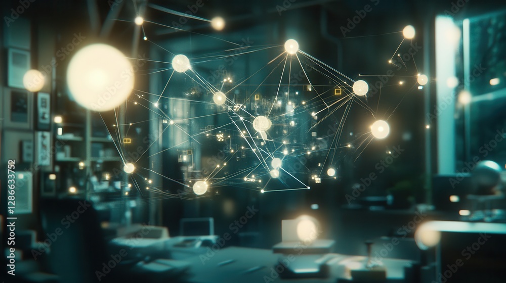 Aufkleber abstract visualization of interconnected nodes and bubbles in a modern workspace environment