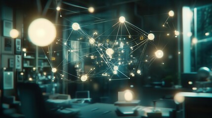 Abstract visualization of interconnected nodes and bubbles in a modern workspace environment