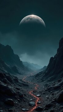 Dark and eerie landscape of a barren planet with a dark horizon and grey sky, barren land, unnerving