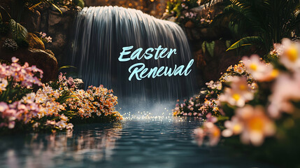 A crystal-clear waterfall surrounded by blooming spring flowers, "Easter Renewal" text shimmering in soft blue hues