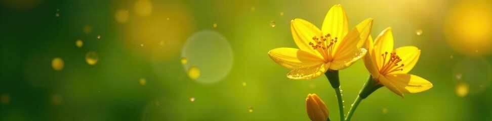 Obraz premium Yellow petals glistening on a green stem in sunlight, flowers, dewy