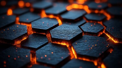 Glowing Hexagonal Tiles Intensely Illuminated Abstract Background. AI Generated