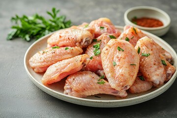 Fresh Raw Chicken Wings with Herbs and Spices on a Plate Ready for Cooking Preparation