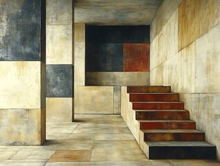 Abstract Staircase Ascending Softly Lit Stone Interior. AI Generated