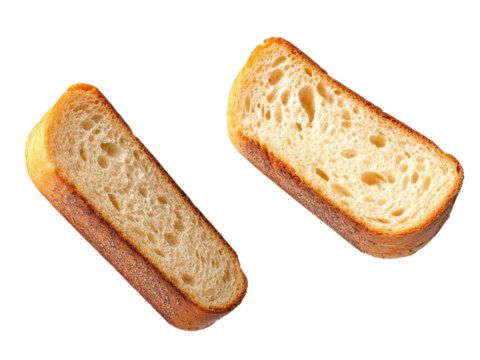 Two slices of fresh bread displaying texture and crust, against a white isolated background.