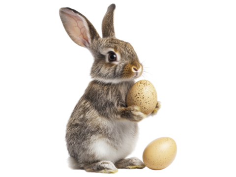 A cute rabbit holding an egg, surrounded by two eggs on a white isolated background.