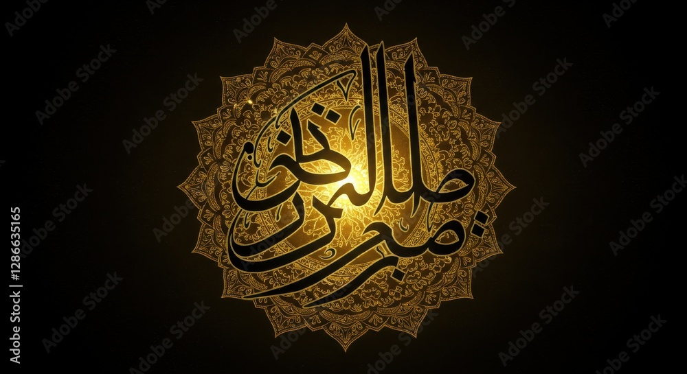 Fototapete ramadan calligraphy in diwani script, surrounded by intricate mandala patterns and golden light