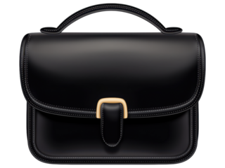 Black leather briefcase with gold clasp, isolated on white background.