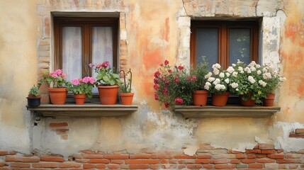 Ancient windowsills adorned with flowers