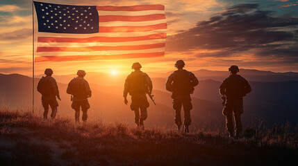 Strongly of military men on sunset outdoors and flag of USA, American flag at sunset, American flag, banner, copy space 