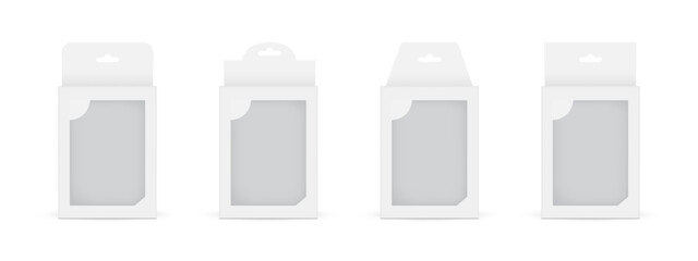 Set Of Hanging Boxes With Transparent Window, Front View, Isolated On White Background. Vector Illustration