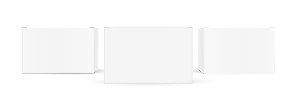 Small Rectangular Packaging Boxes Mockups, Front View, Isolated On White Background. Vector Illustration
