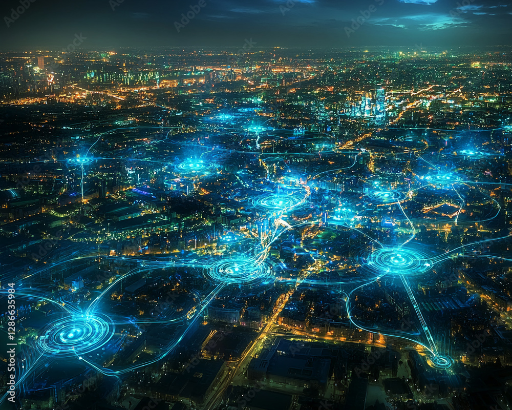 Poster Aerial view of a futuristic city illuminated with glowing blue network connections symbolizing the digital transformation and interconnected smart city infrastructure.