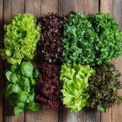 Variety of fresh, colorful lettuce displayed.