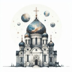 Fototapeta premium Ethereal church with celestial dome in minimalist watercolor artwork