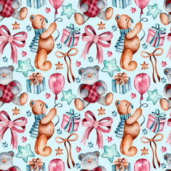 Seamless watercolor pattern on a children's theme. Cute teddy bears, bows, gift boxes and stars isolated on a blue background. Design for wrapping paper, fabric, wallpaper.