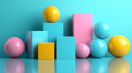 Pastel spheres & cubes on blue background; product display