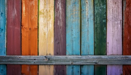 A weathered multi colored wooden fence with an aged cracked surface against a rustic background ideal for a copy space image