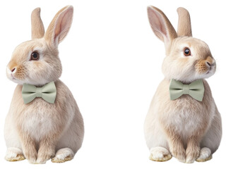 Fototapeta premium Two adorable rabbits wearing stylish bow ties on a white isolated background.