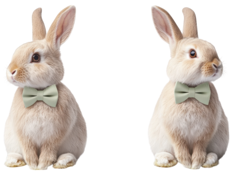 Two adorable rabbits wearing stylish bow ties on a white isolated background.