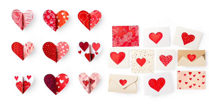 Handmade Greeting Cards with Red Heart Designs on a Transparent Background