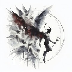 Lucifer's Descent, Minimalist Watercolor Depiction of the Fall with Angels