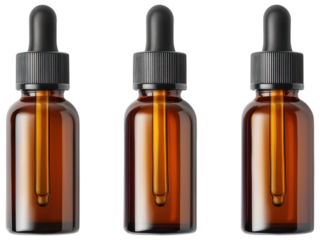 Three amber glass dropper bottles with black caps, ideal for essential oils and herbal extracts.