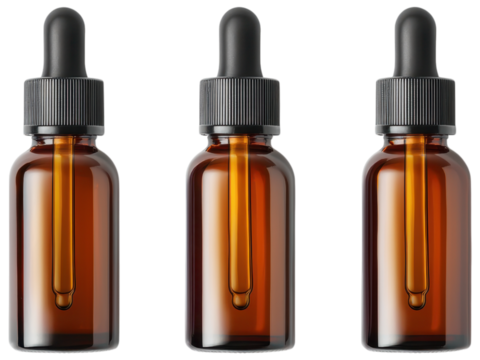 Three amber glass dropper bottles with black caps, ideal for essential oils and herbal extracts.