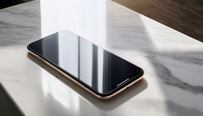 대리석 상판 위에 스마트폰이 놓여 있고,  화면에 빛이 반사되고 있다