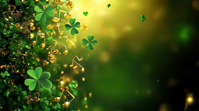 St.Patrick's Day celebrates with green parades shamrocks and leprechauns. Shamrock Background with Musical Notes and Green Sparkles