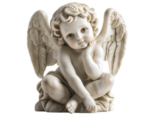 A cherubic statue featuring an angelic figure with wings, exuding a serene and captivating presence.