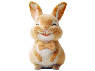 Obraz premium A cheerful rabbit with a bow tie, smiling joyfully, against a white isolated background.