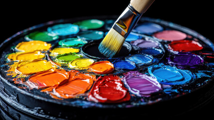 Colorful paint palette with brush, vibrant hues, artistic creativity, close up view, dark background, artistic tools, paint mixing