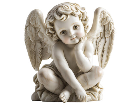 A cherubic statue featuring an angelic figure with wings, exuding a serene and captivating presence.