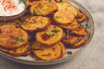 Crispy potato slices, with parmesan cheese and spices, fried in the oven, homemade, no people,