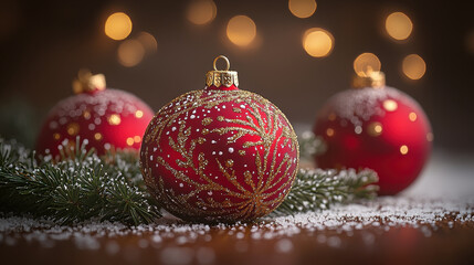 Festive red Christmas ornaments with gold designs on wooden table, surrounded by fir branches and snow, creating warm holiday atmosphere