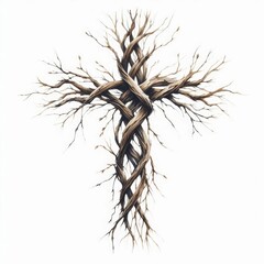 Minimalist Watercolor Cross, Intertwined Branches Symbolizing Faith and Nature