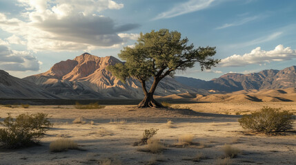 Naklejka premium A lone tree stands in a vast arid desert landscape
