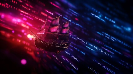 Futuristic ship in vibrant digital space.