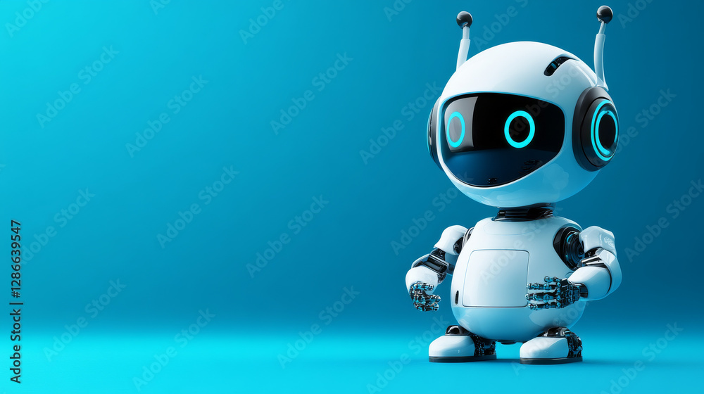 Poster robot in isometric style on blue background. vector flat service support chat bot. cartoon android w